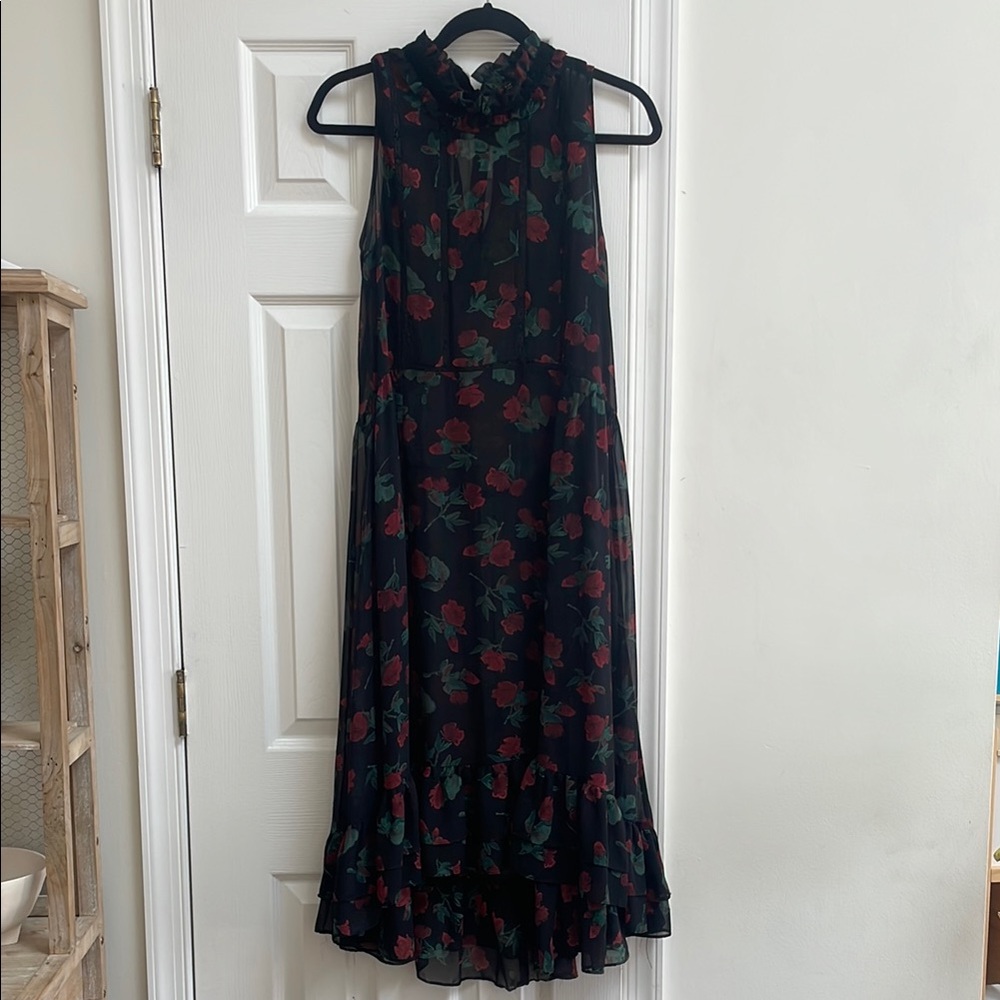 Zara Black and Red Floral Midi Sheer Dress